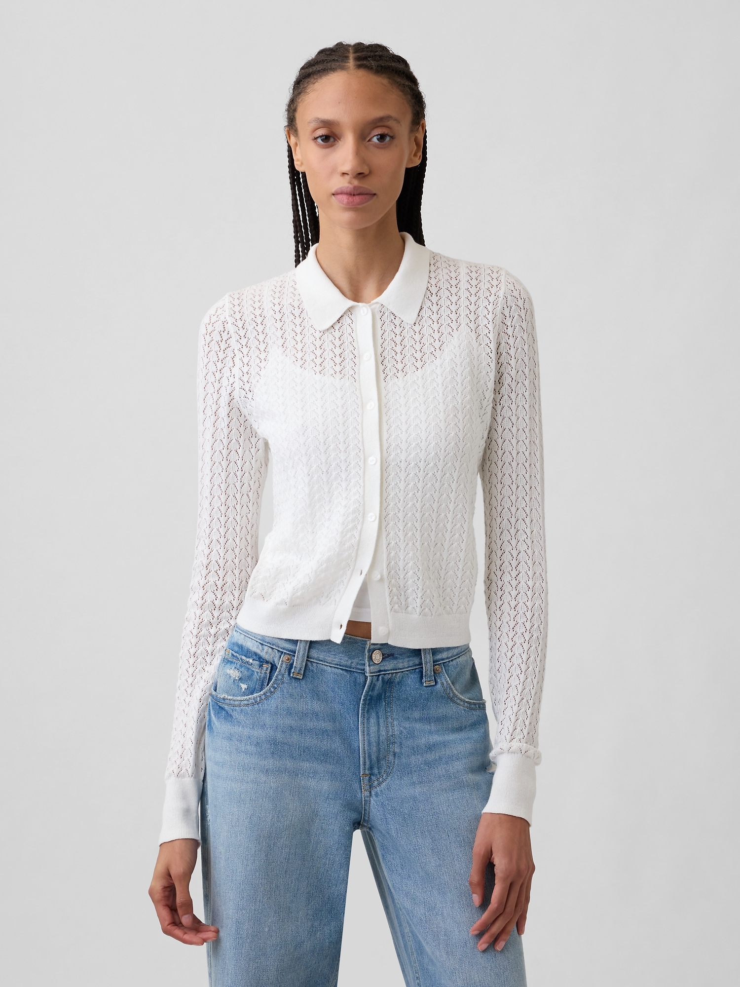 Lace-Stitch Collared Cardigan