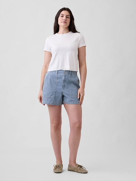Image number 5 showing, 4" Mid Rise Stripe Denim Utility Shorts