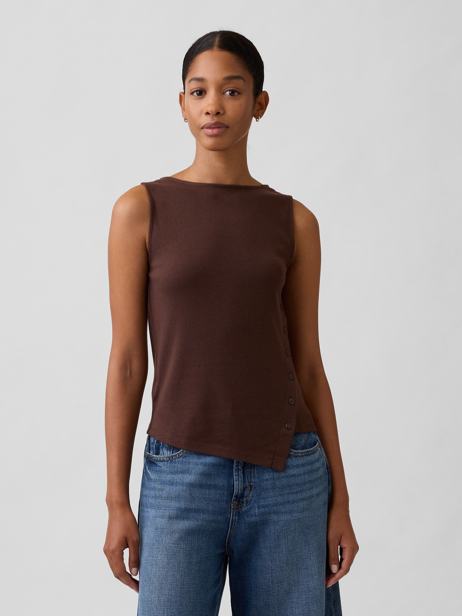 Modern Ribbed Asymmetrical Button-Side Top