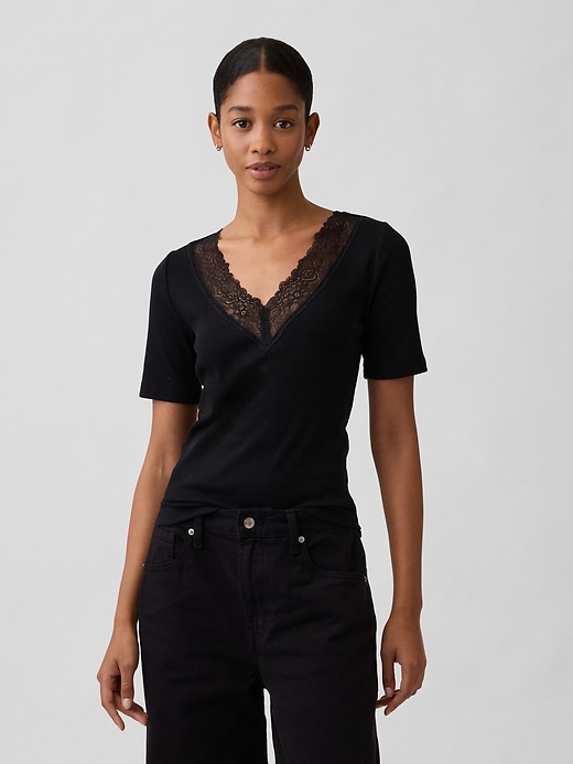 Image number 1 showing, Ribbed Lace V-Neck Top