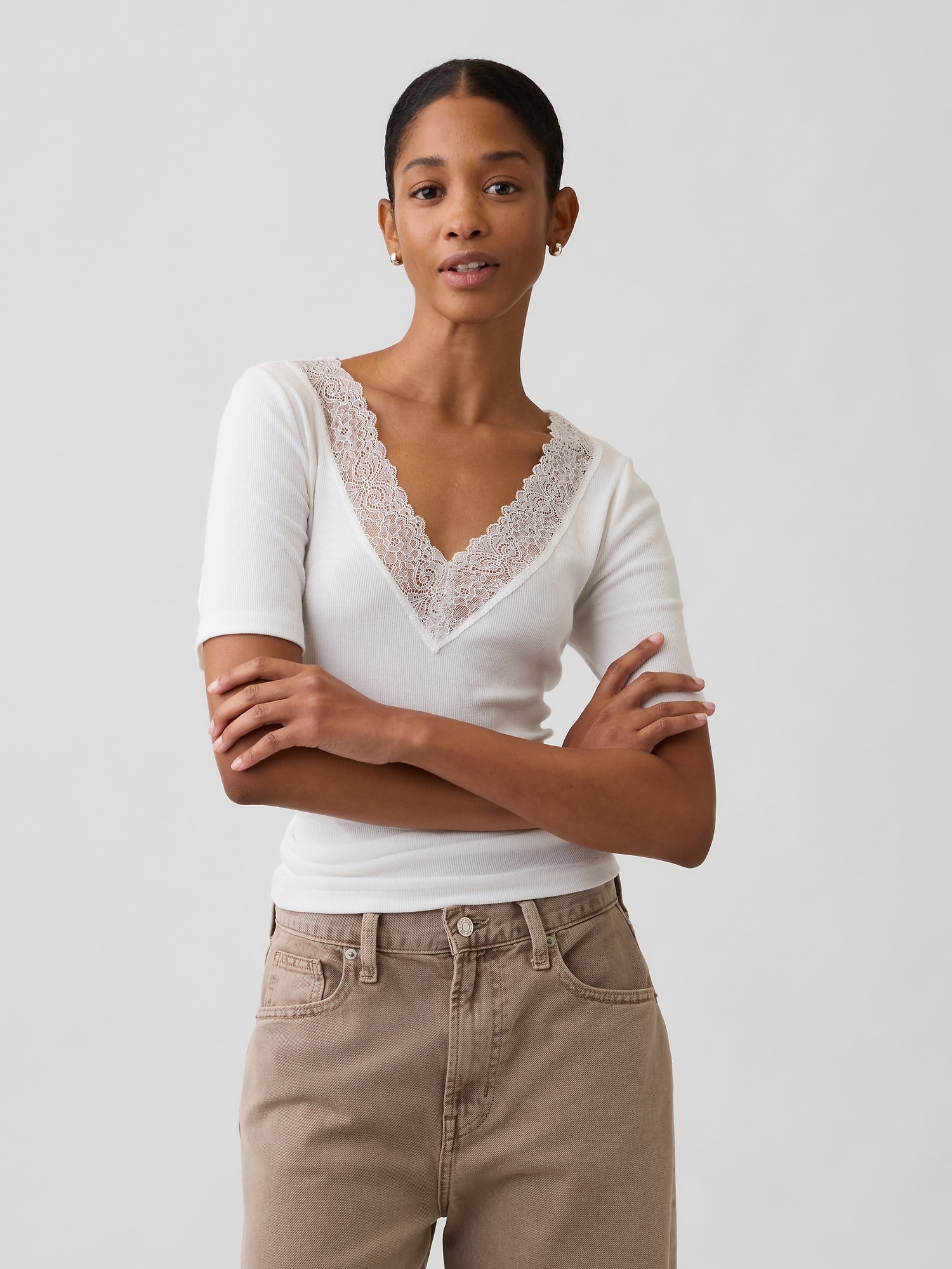 Ribbed Lace V-Neck Top