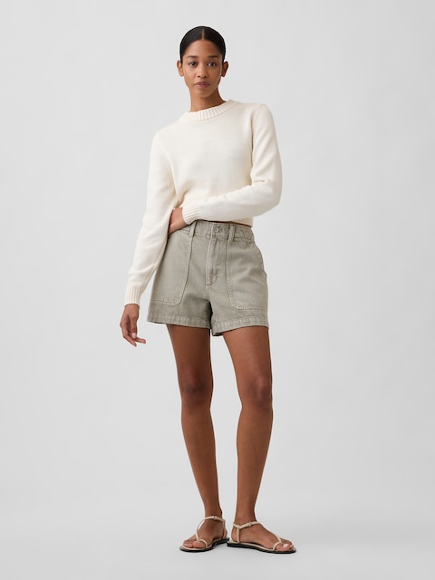 4" High Rise Soft Denim Utility Shorts