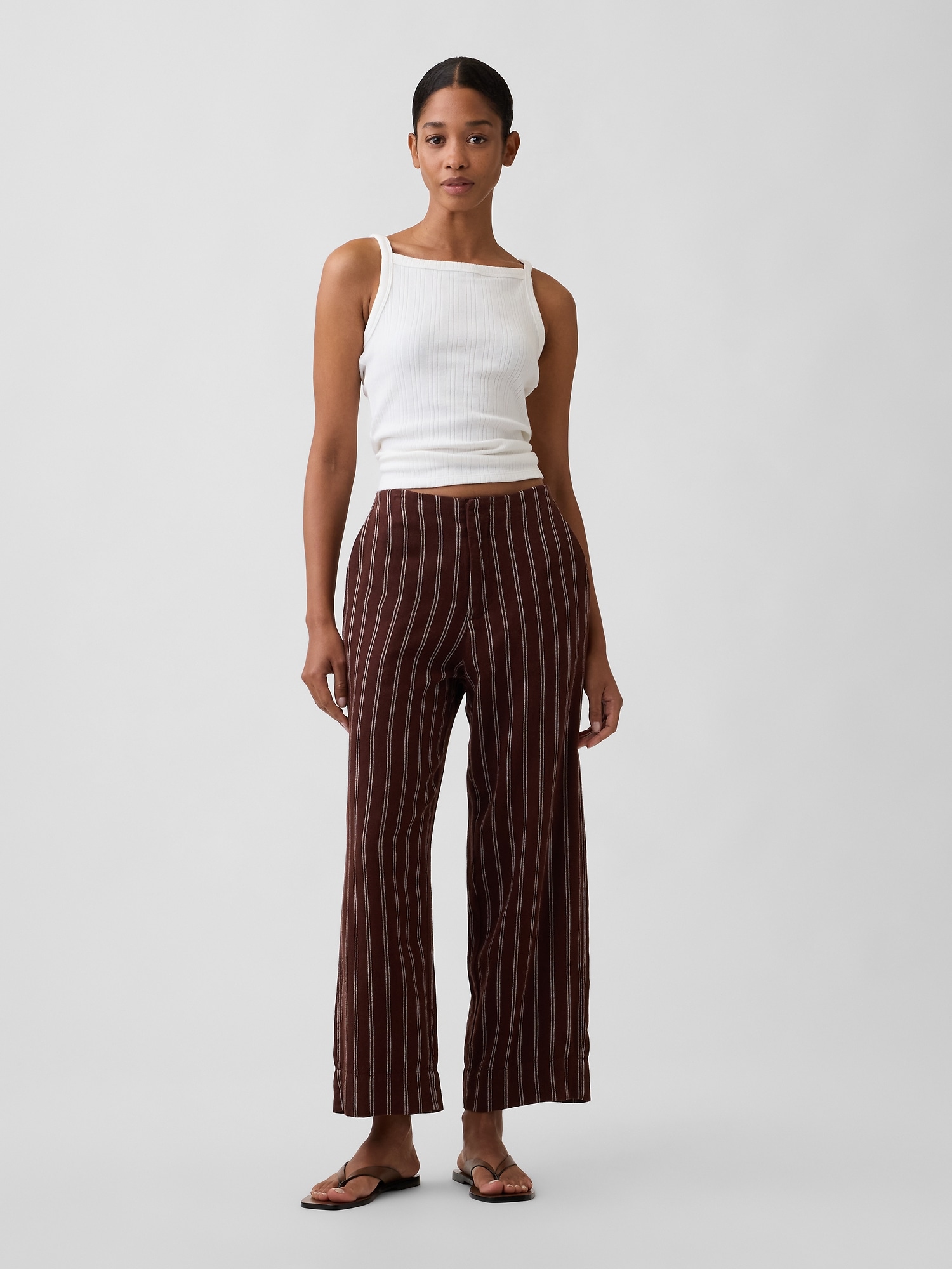 Mid Rise Linen-Blend Straight Crop Pants