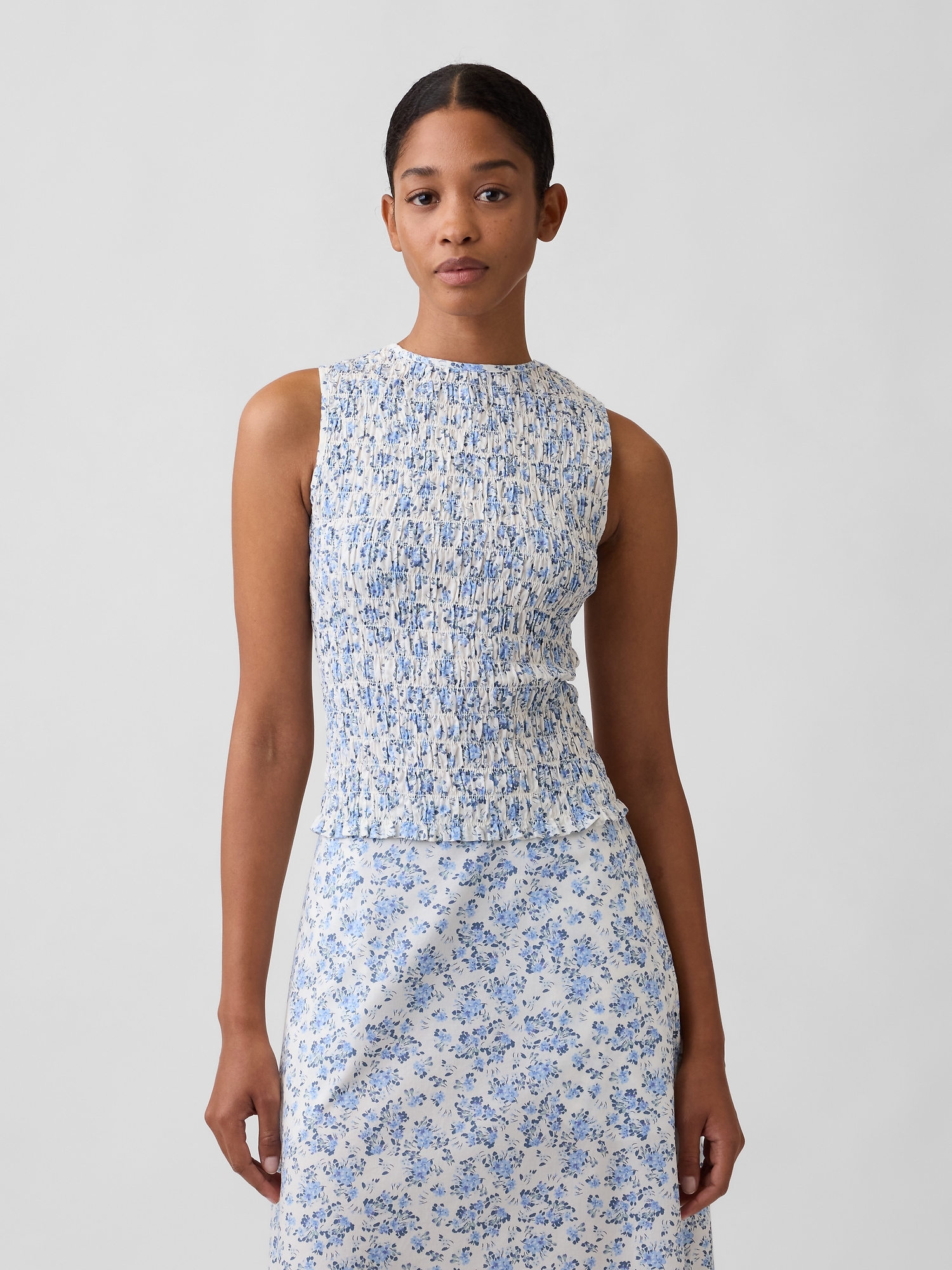 Smocked Sleeveless Boatneck Top