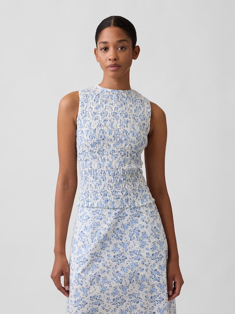 Smocked Sleeveless Boatneck Top
