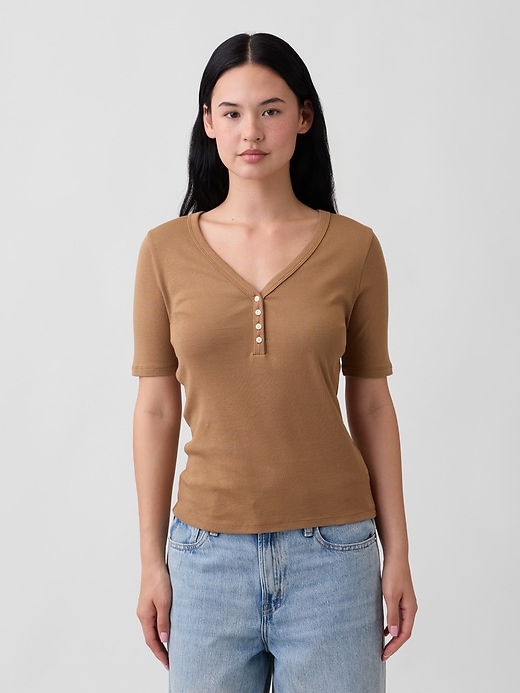 Image number 1 showing, Modern Ribbed V-Neck Henley Top