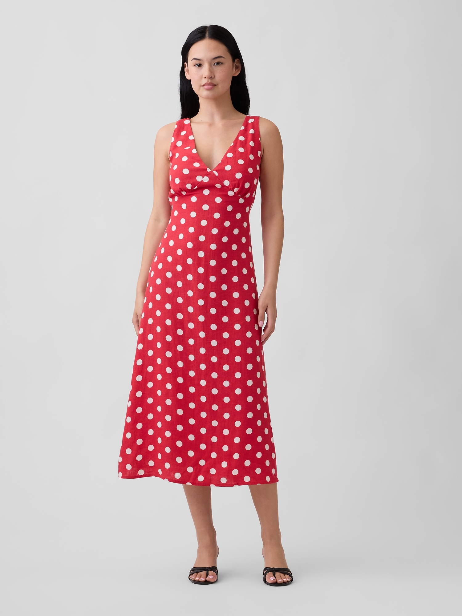 Linen-Blend V-Neck Midi Dress