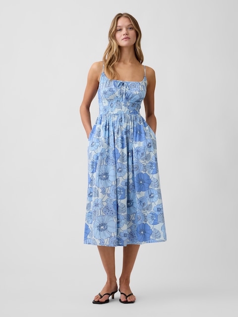 Smocked Tie-Front Midi Dress