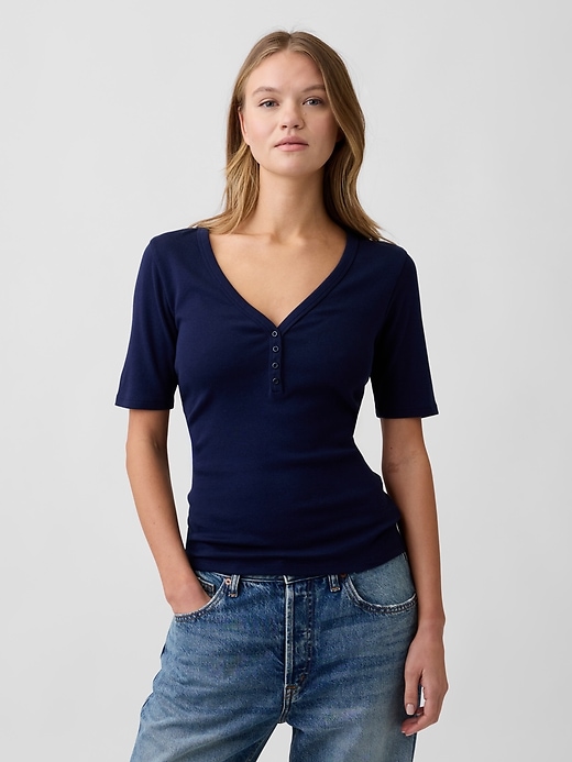 Image number 1 showing, Modern Ribbed V-Neck Henley Top