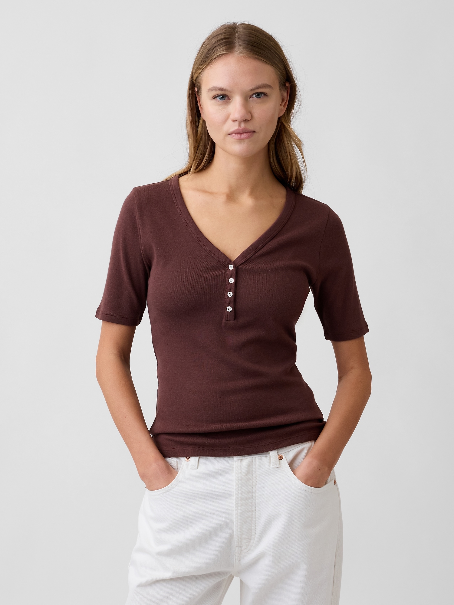 Modern Ribbed V-Neck Henley Top