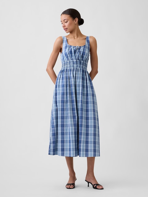 Smocked Tie-Front Midi Dress