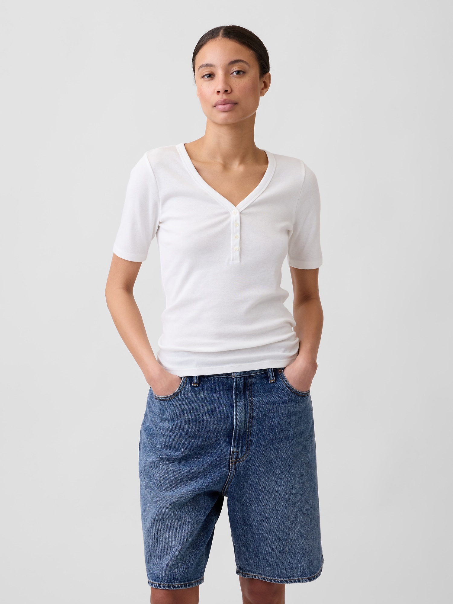 Modern Ribbed V-Neck Henley Top