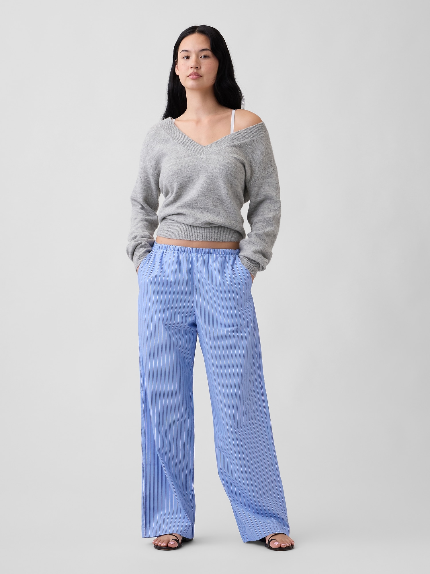Mid Rise Pull-On Stripe Poplin Pants