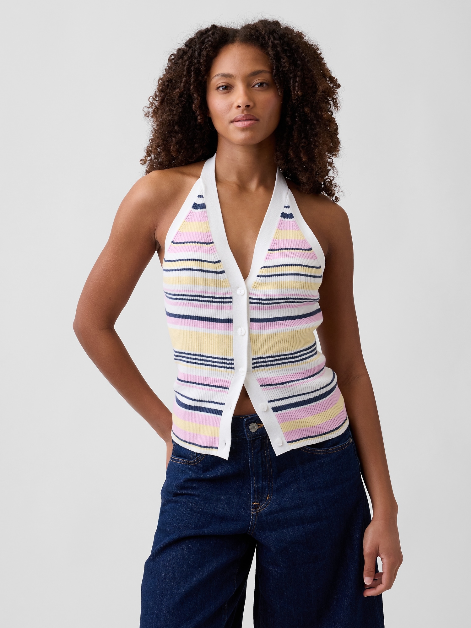 Sleeveless Halter Button-Up Sweater