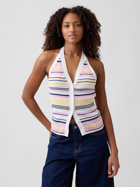 Sleeveless Halter Button-Up Sweater