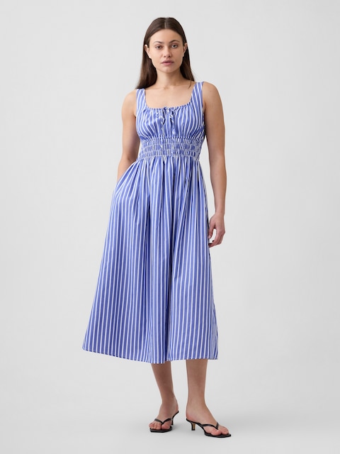 Smocked Tie-Front Midi Dress