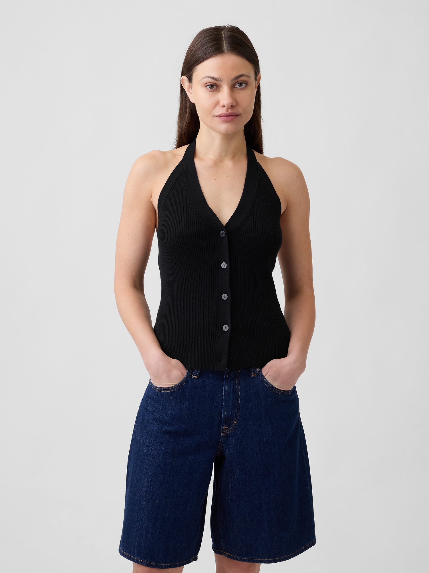 Sleeveless Halter Button-Up Sweater