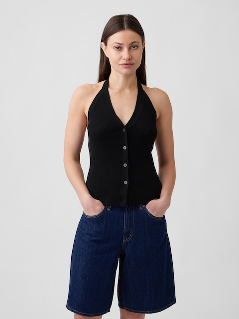 Sleeveless Halter Button-Up Sweater