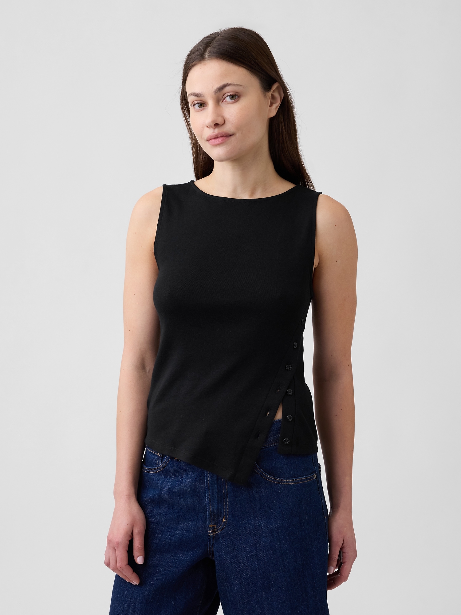Modern Ribbed Asymmetrical Button-Side Top