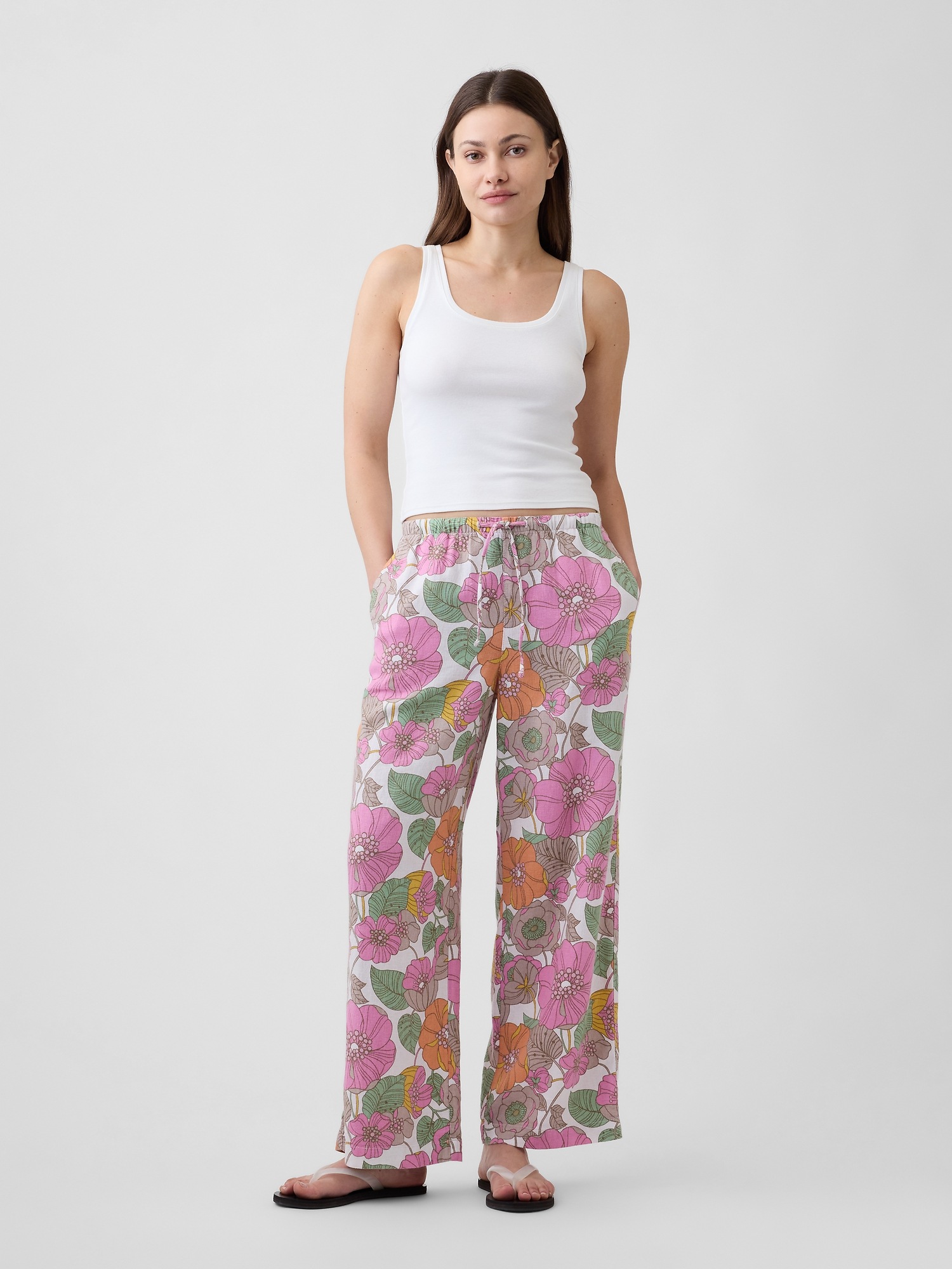 Mid Rise Pull-On Wide-Leg Linen-Blend Pants