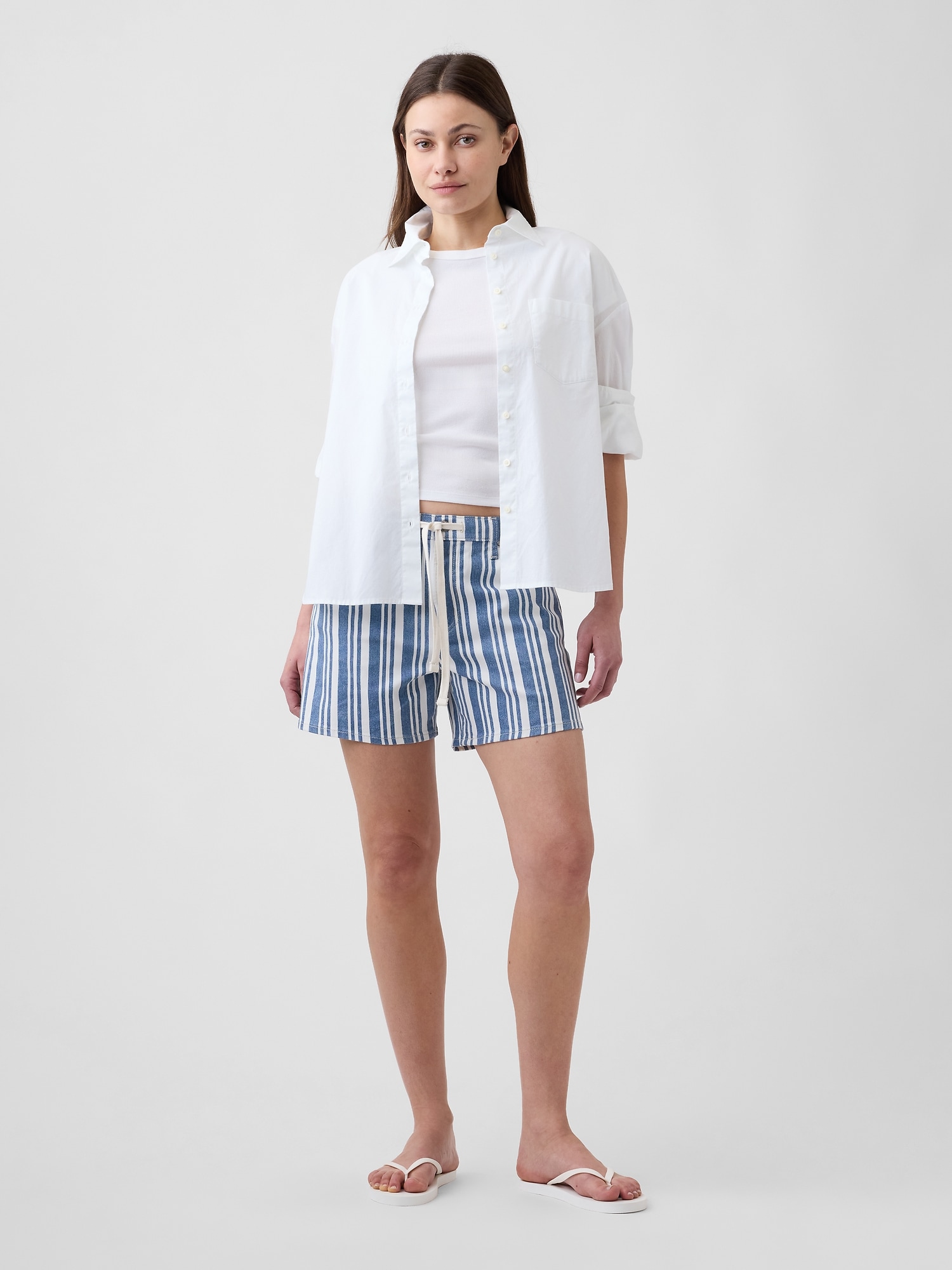 Drawstring Denim Midi Shorts