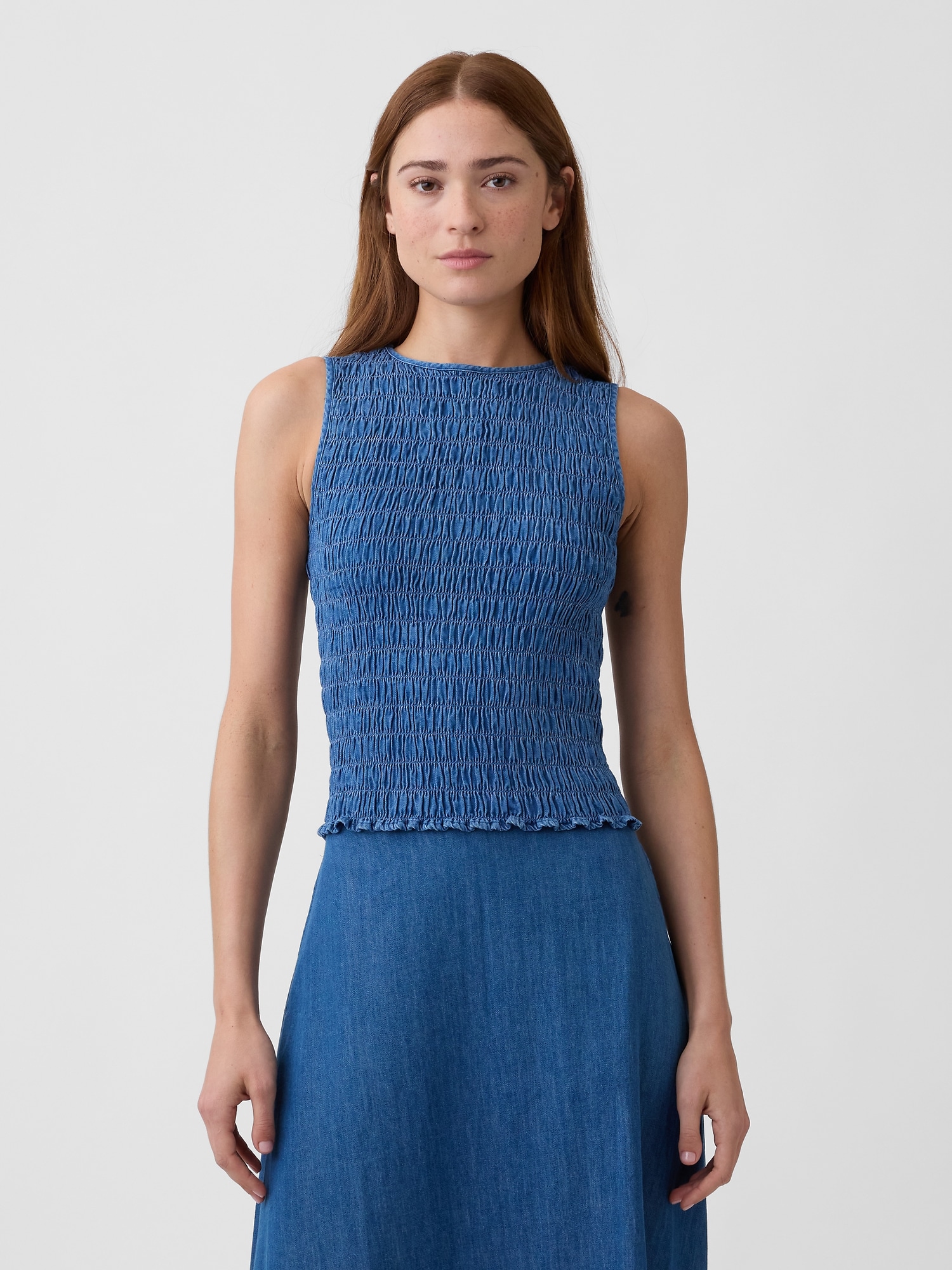 Smocked Sleeveless Boatneck Top