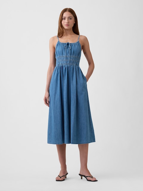 Smocked Tie-Front Midi Dress
