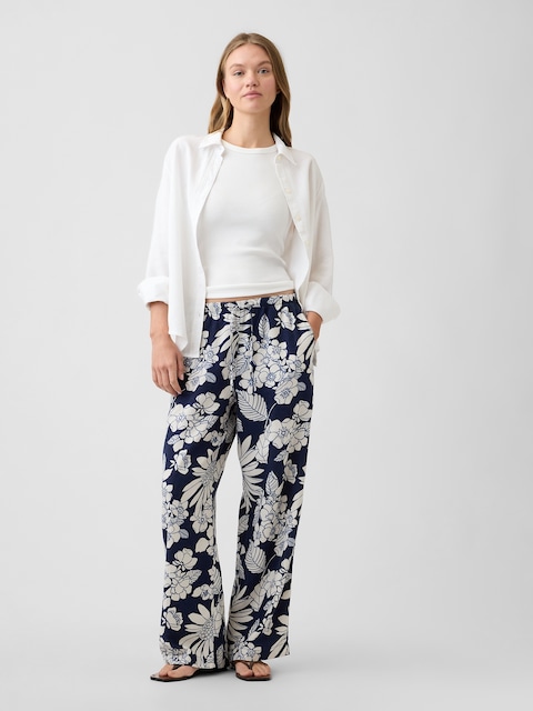Mid Rise Pull-On Wide-Leg Linen-Blend Pants