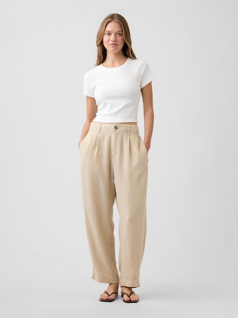 High Rise Linen-Blend Barrel Pants