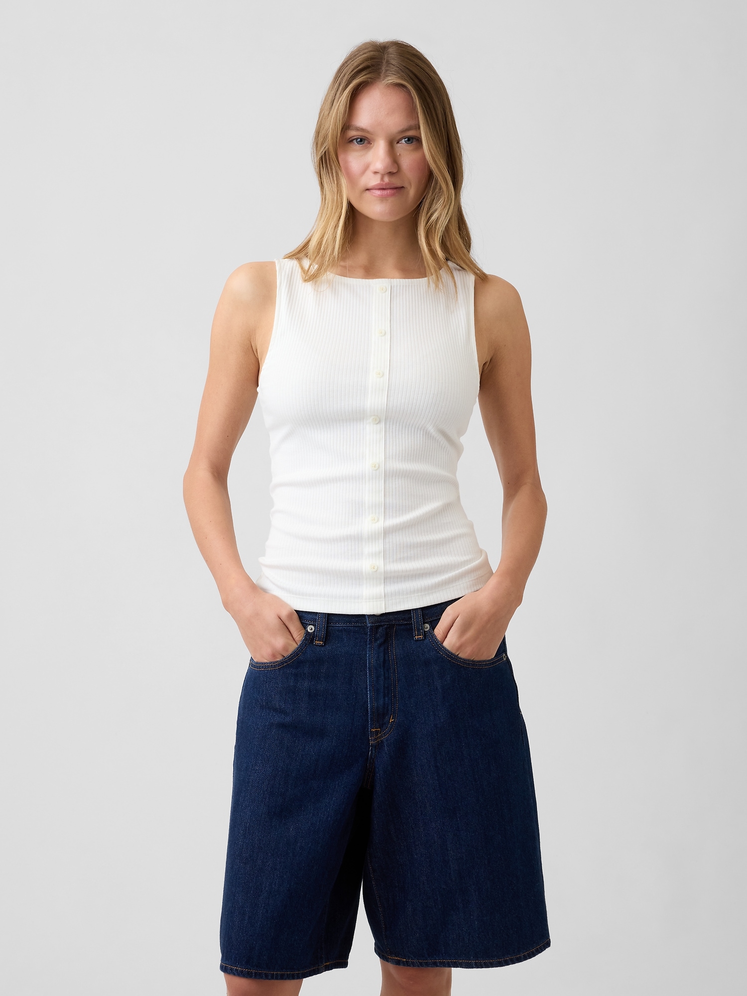Ribbed Button-Up Top
