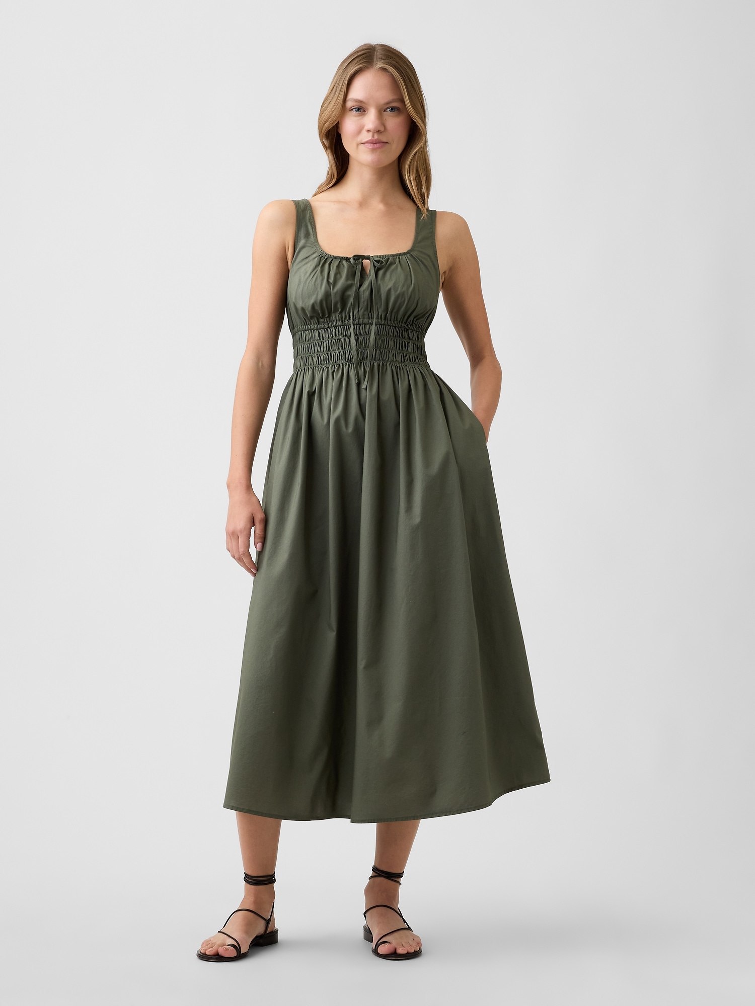 Smocked Tie-Front Midi Dress