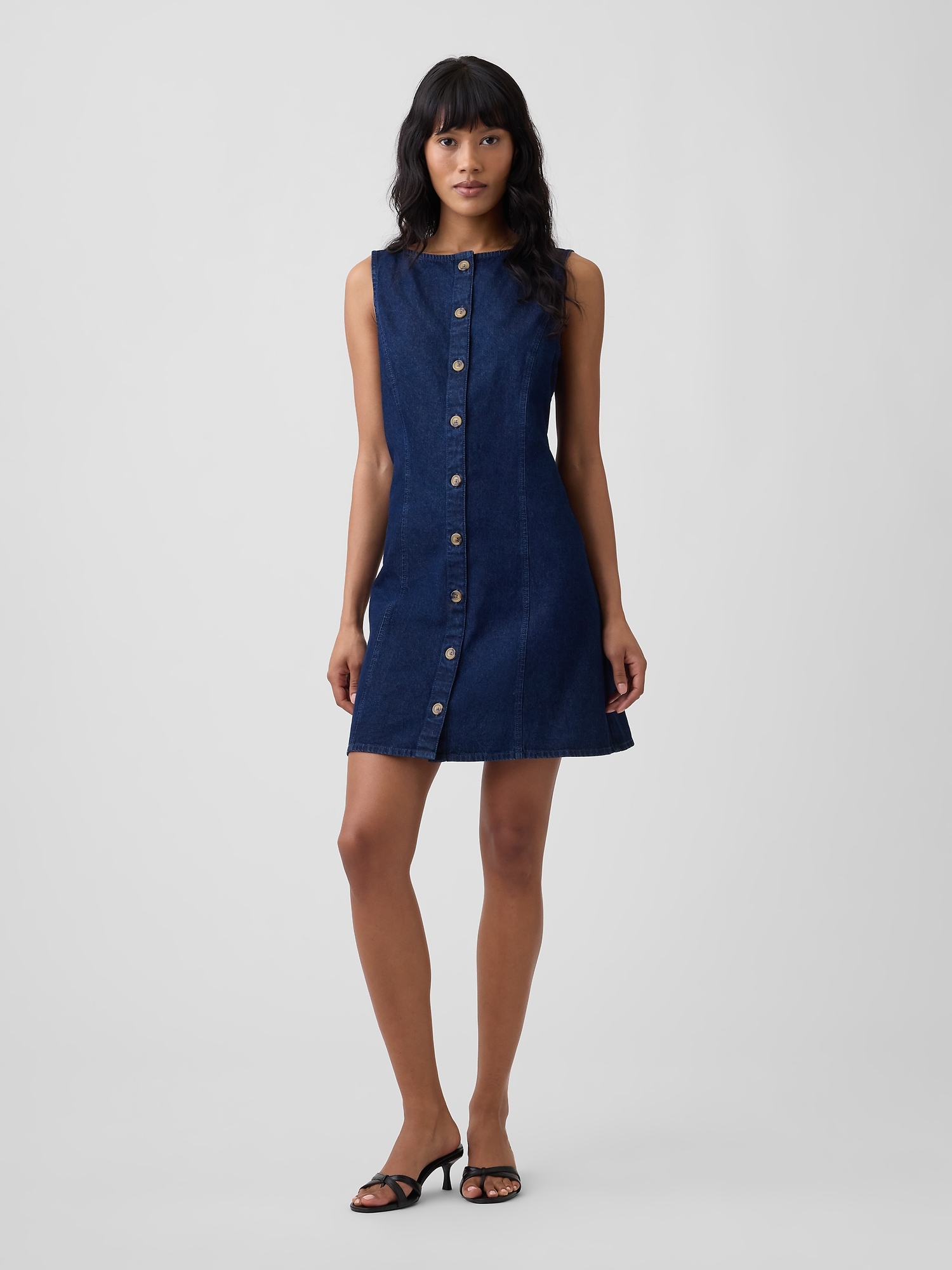 Boatneck Button-Front Mini Dress