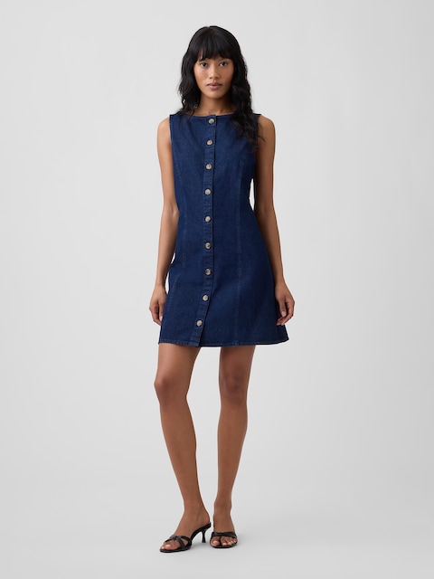 Boatneck Button-Front Mini Dress