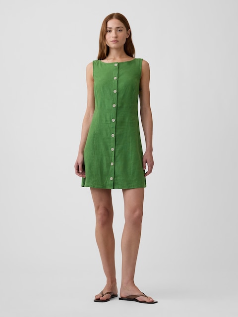 Boatneck Button-Front Mini Dress