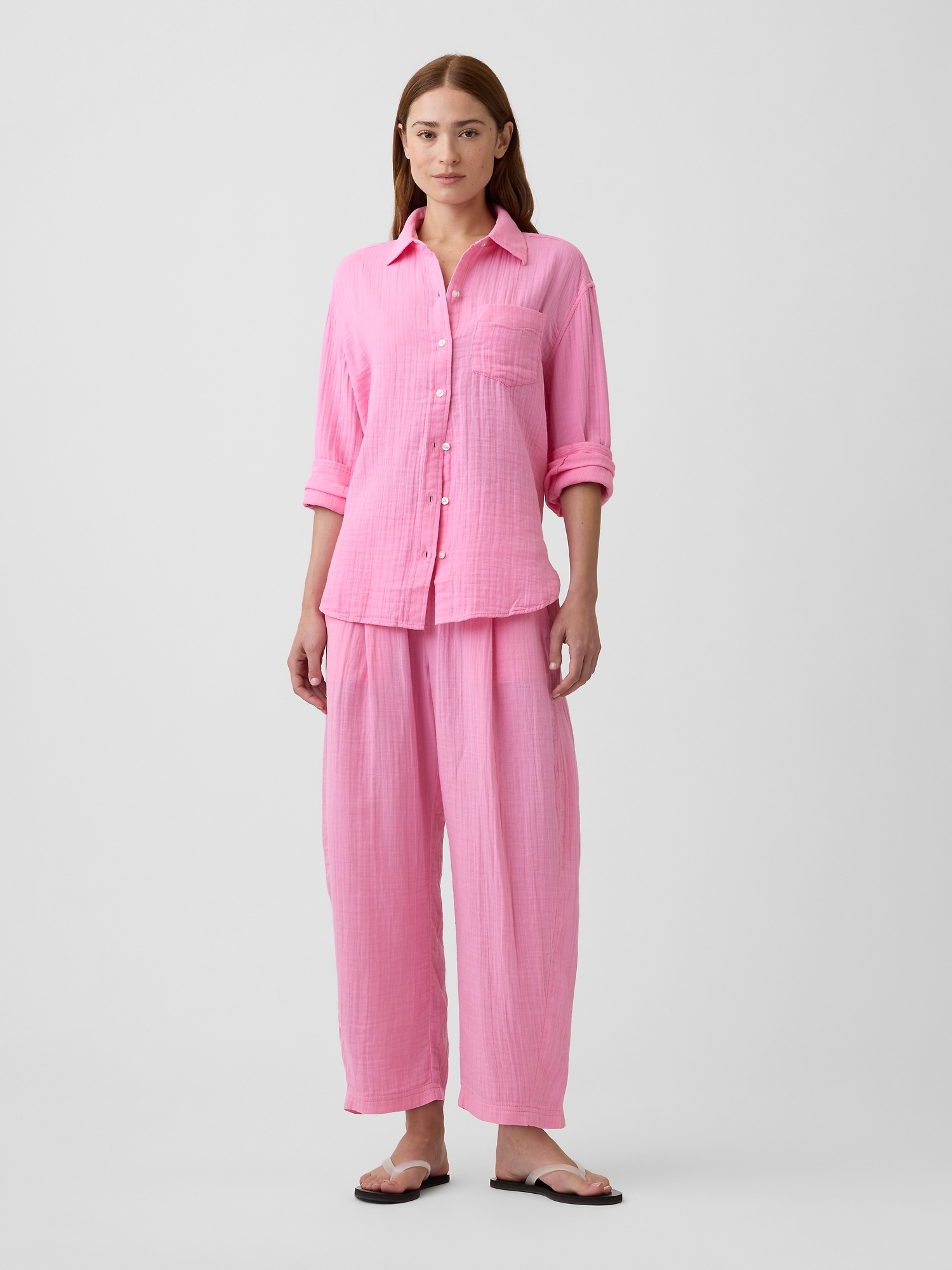 Mid Rise Pull-On Barrel Gauze Pants