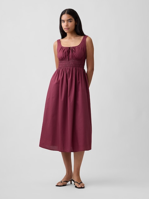 Smocked Tie-Front Midi Dress