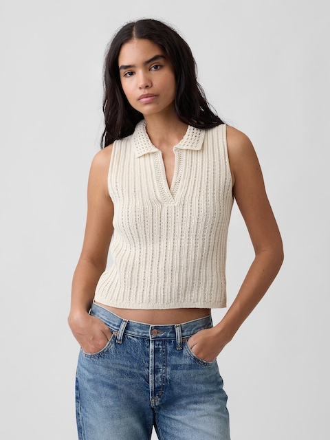 Sleeveless Crochet Collared Top
