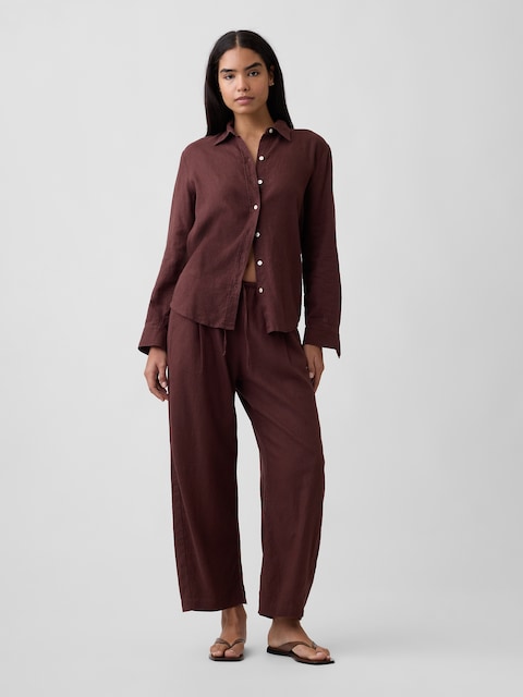 Mid Rise Pull-On Linen-Blend Barrel Pants