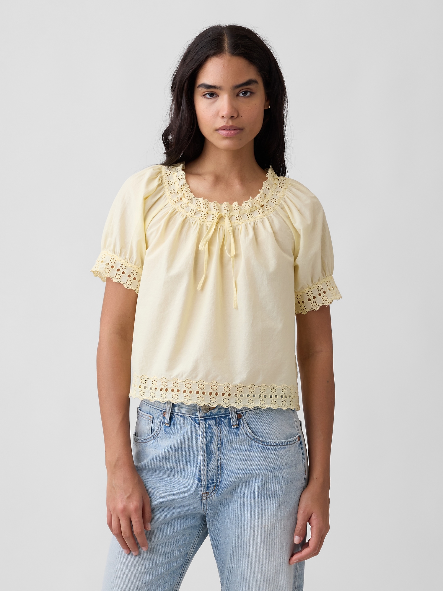 Relaxed Embroidered Tie-Front Top