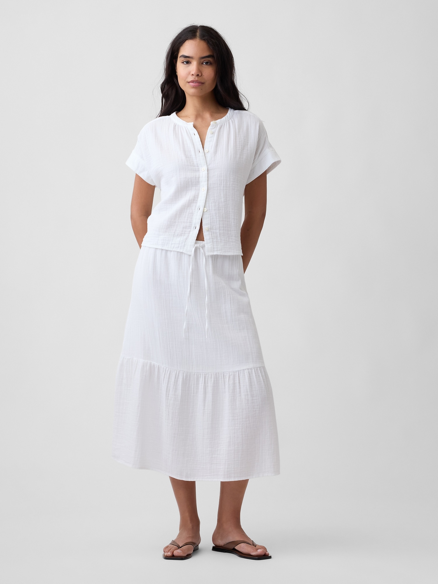 Pull-On Gauze Midi Skirt