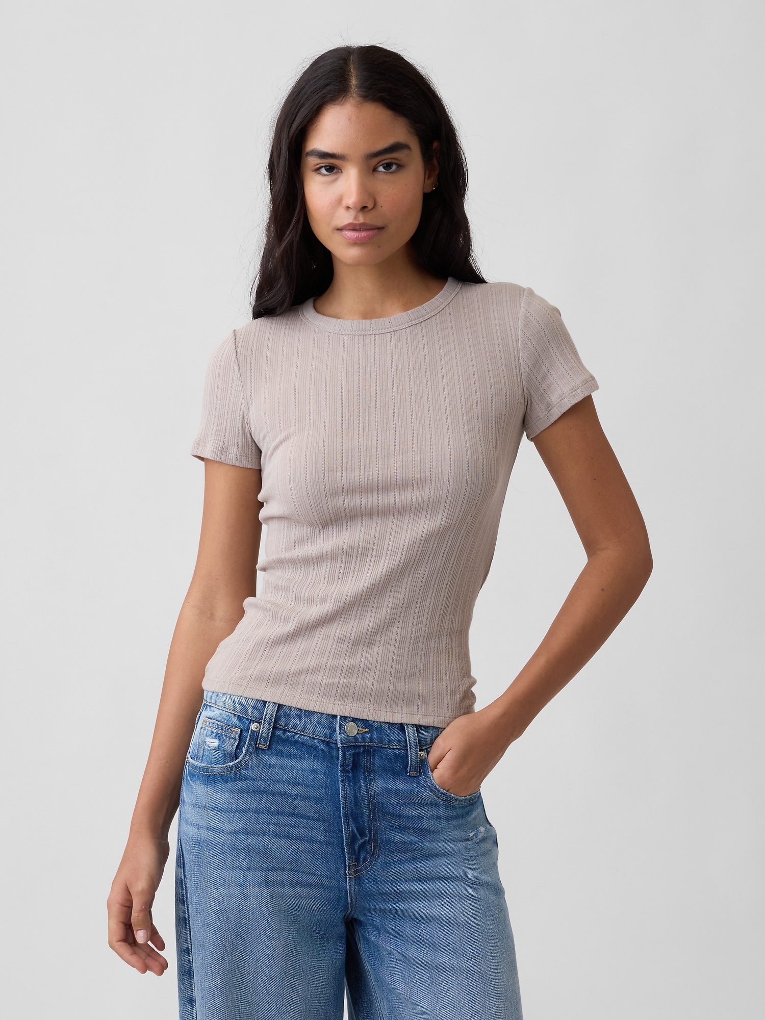 Ribbed Pointelle Crewneck T-Shirt