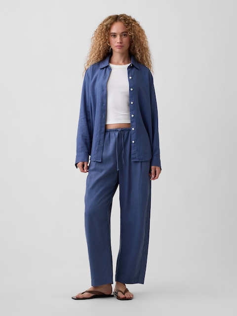 Mid Rise Pull-On Linen-Blend Barrel Pants