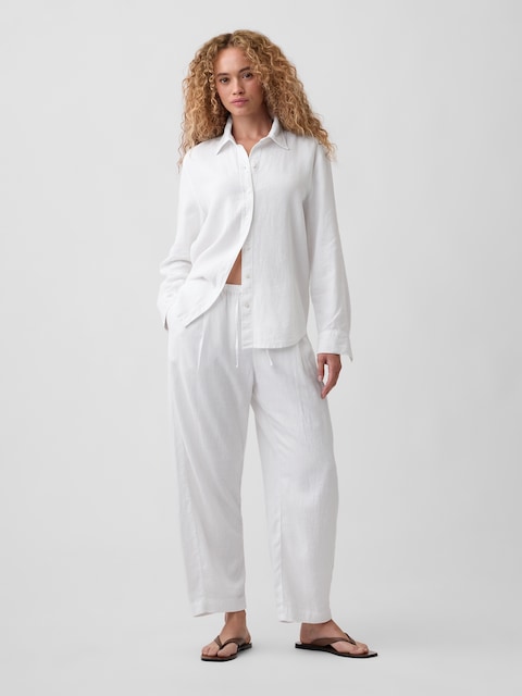 Mid Rise Pull-On Linen-Blend Barrel Pants