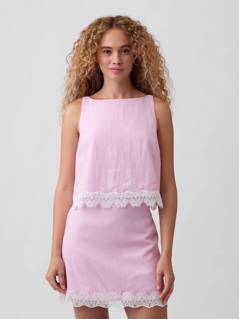 Linen-Blend Lace-Hem Apron Top