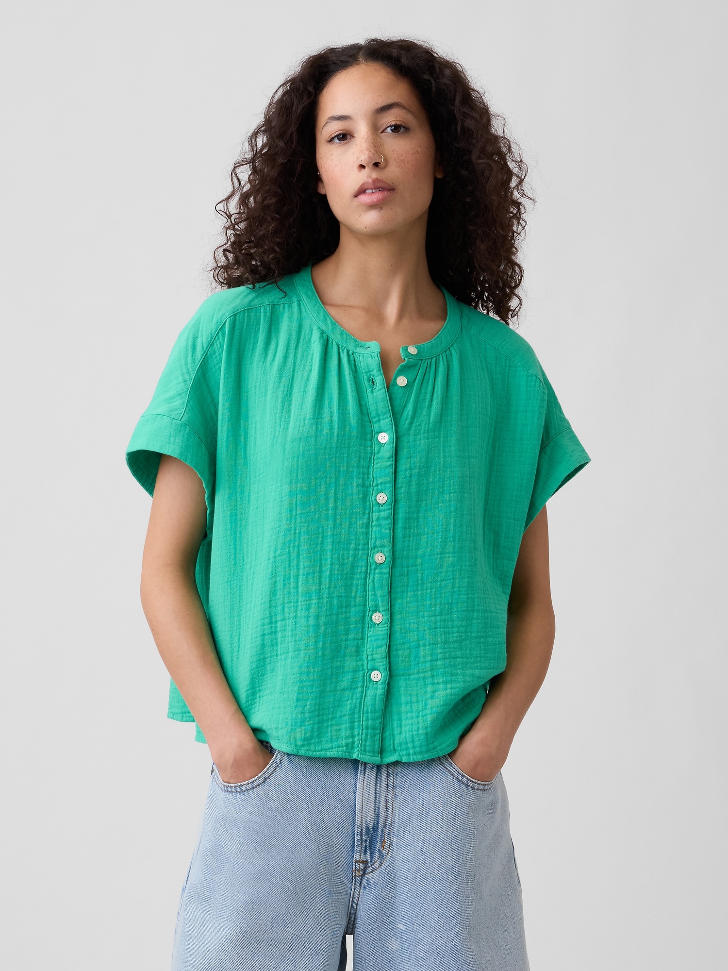 Relaxed Button-Up Gauze Top
