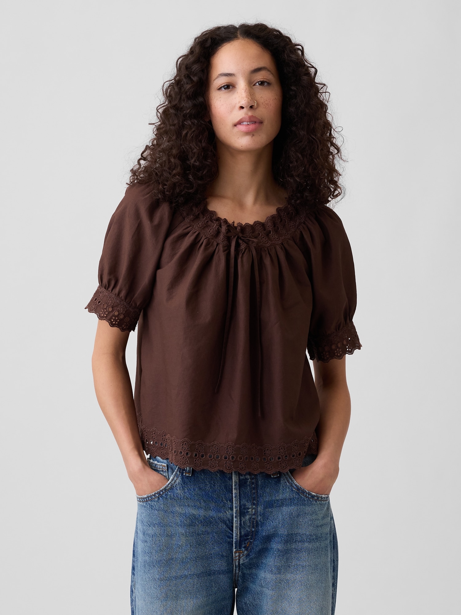 Relaxed Embroidered Tie-Front Top