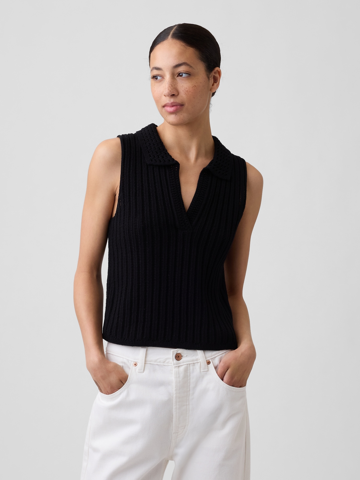 Sleeveless Crochet Collared Top