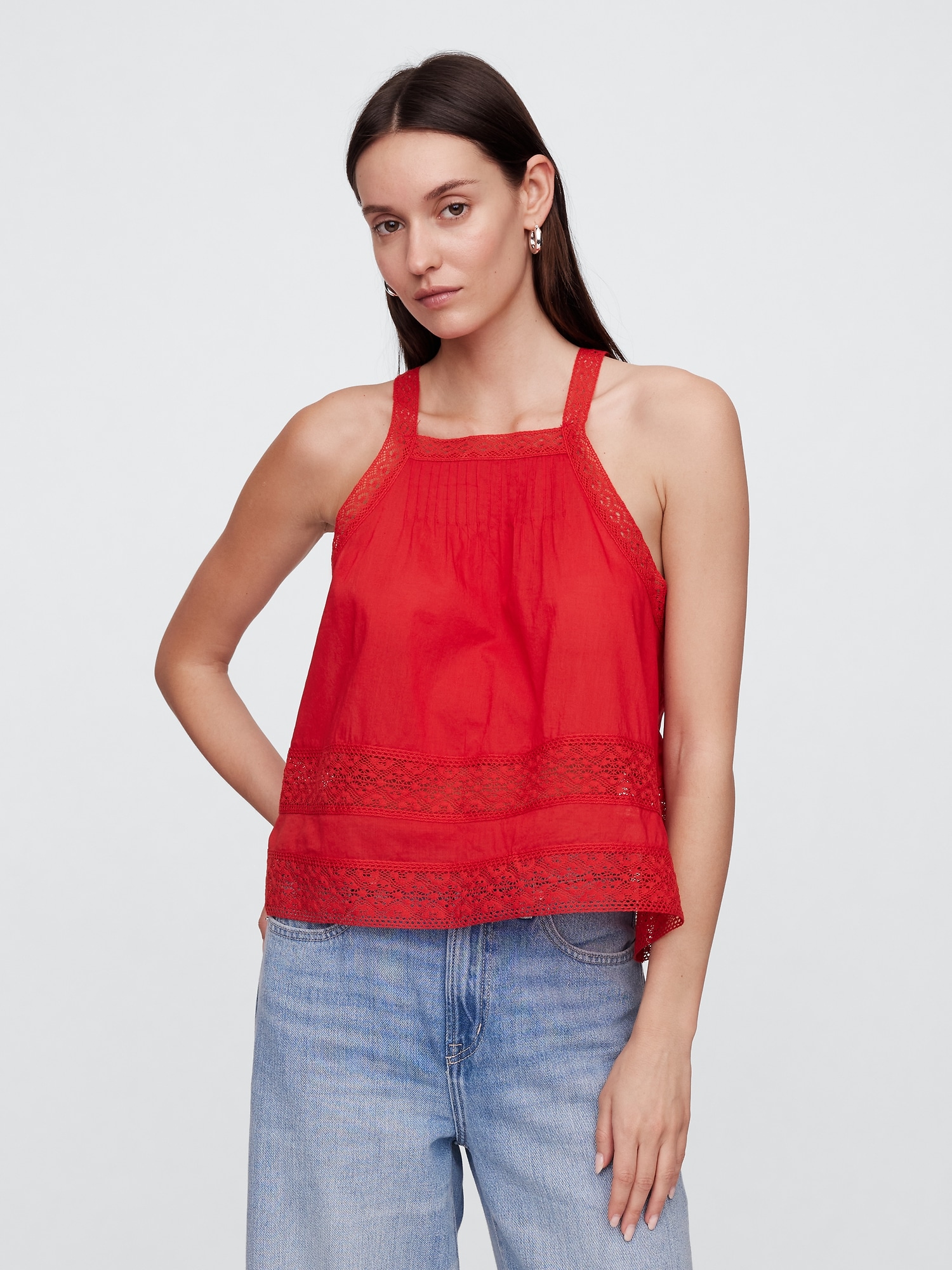 Relaxed Lace-Trim High-Neck Top