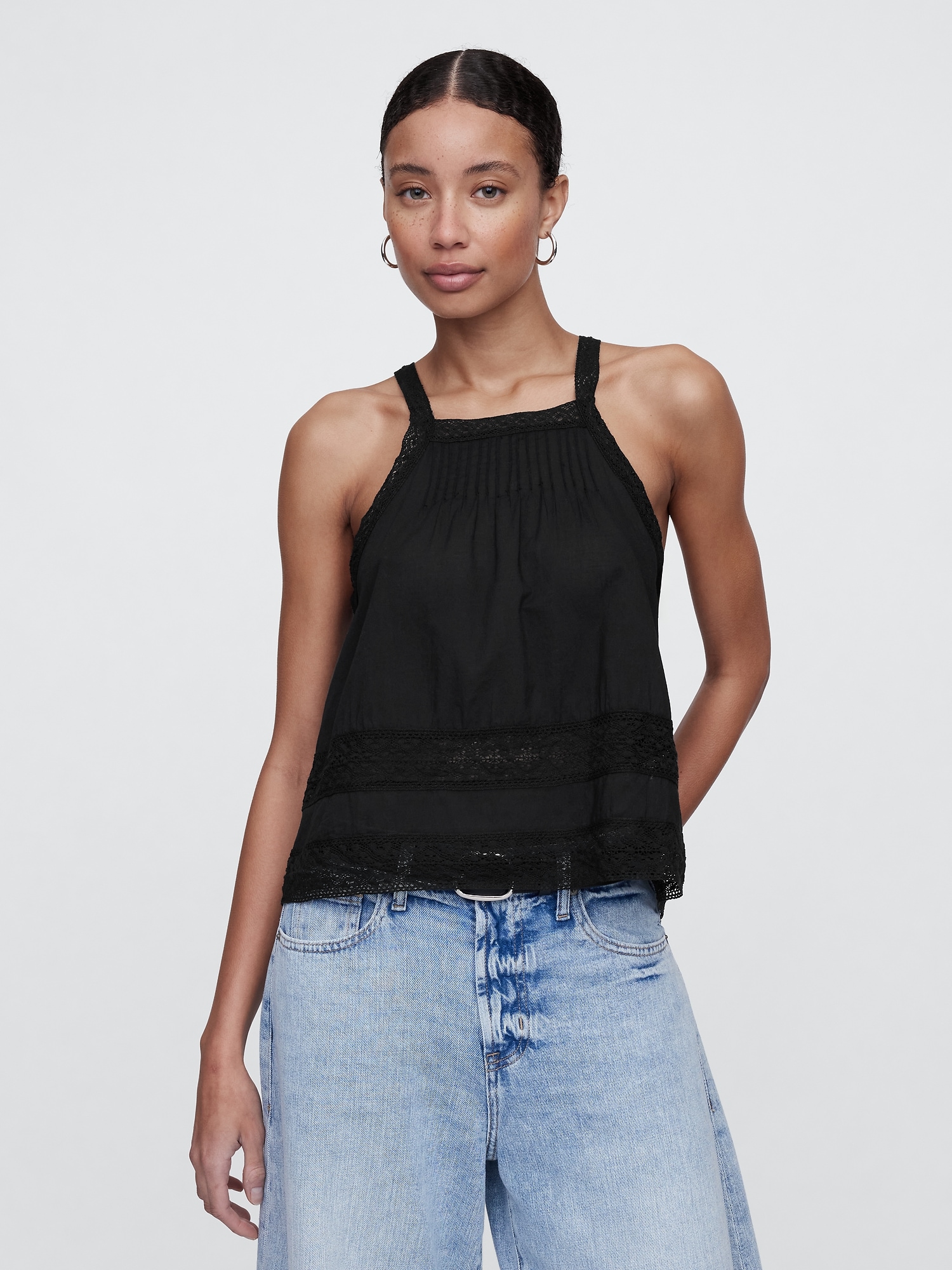 Relaxed Lace-Trim High-Neck Top