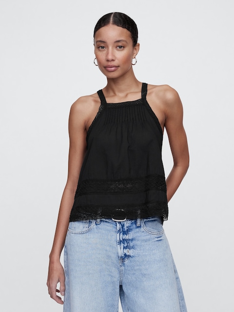Relaxed Lace-Trim High-Neck Top